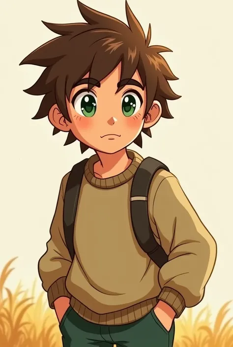  creates a cartoon image of the following character :  Tiago has short brown hair , with a slightly messy style .  His green eyes convey the feeling of someone who is always attentive and ready to explore.  He wears a long-sleeved sweater and pants ,  suit...