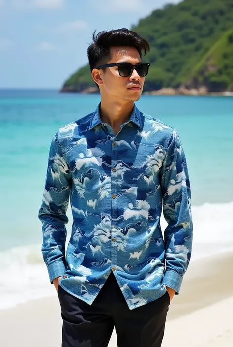 make a long sleeve formal and classy batik shirt with wave and sea pattern and beach manado with blue and white color that have neat pattern style