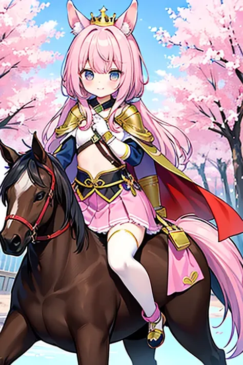 here is a horse 🐎 Shes riding a chestnut horse 🐎chestnut horse face, tmoperao, horse ears, horse tail, mini crown, white shirt, long sleeves, shoulder armor, pink cape, white gloves, single glove, fingerless gloves, two-tone skirt, pink skirt, white skirt,...