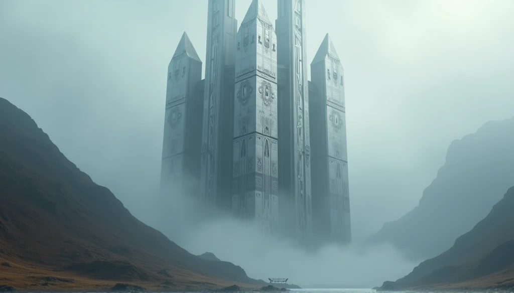 a futuristic steel fortress in a misty valley