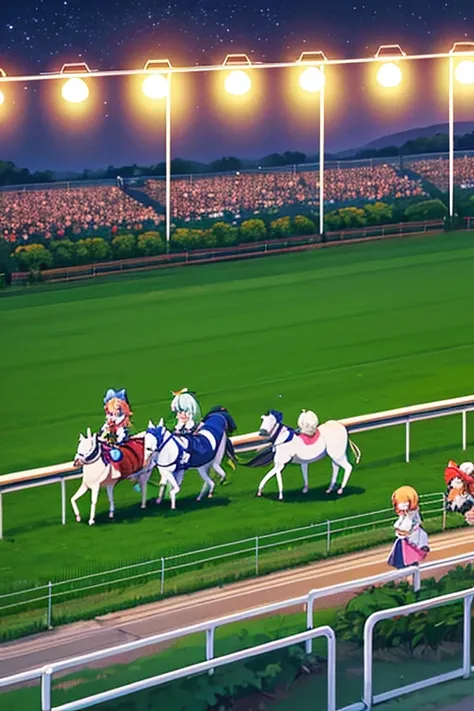 cirno(touhou) A herd of Cirnos are playing with thoroughbreds at the racetrack at night.