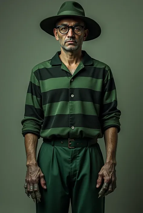  create an ultra realistic image of a man  , of medium height with a round hat , dark round glasses  ,  striped blouse green with black  ,  green pants with side pocket  , And clawed hands