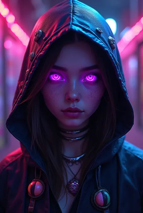  detailed background , masterpiece,  Best Quality , smile, ornament, hood, portrait, neon pink, Graffiti, dark, night, Bright Eyes, purple light