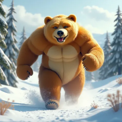 make me a big honey bear character running, snow background, full body shot, realistic hd