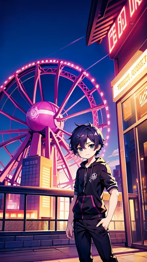 Young boy purple spider  in a small theme park. digital art, anime styling, Ultra HD, 
