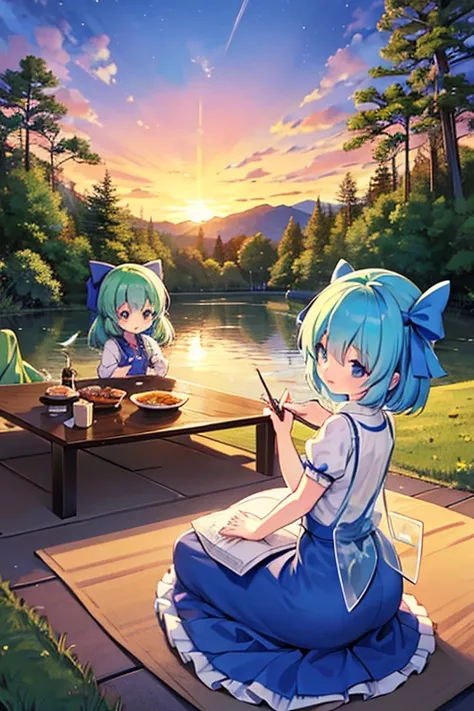 Cirno (touhou) group is spending New Years Day watching the first sunrise of the year. They have their first dream of the year, calligraphy, and enjoy rice porridge with seven herbs.