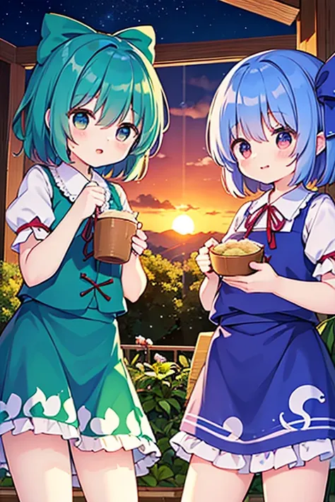 Cirno (touhou) group is spending New Years Day watching the first sunrise of the year. They have their first dream of the year, calligraphy, and enjoy rice porridge with seven herbs.