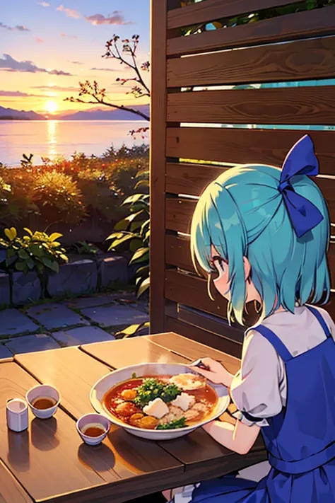 Cirno (touhou) group is spending New Years Day watching the first sunrise of the year. They have their first dream of the year, calligraphy, and enjoy rice porridge with seven herbs.