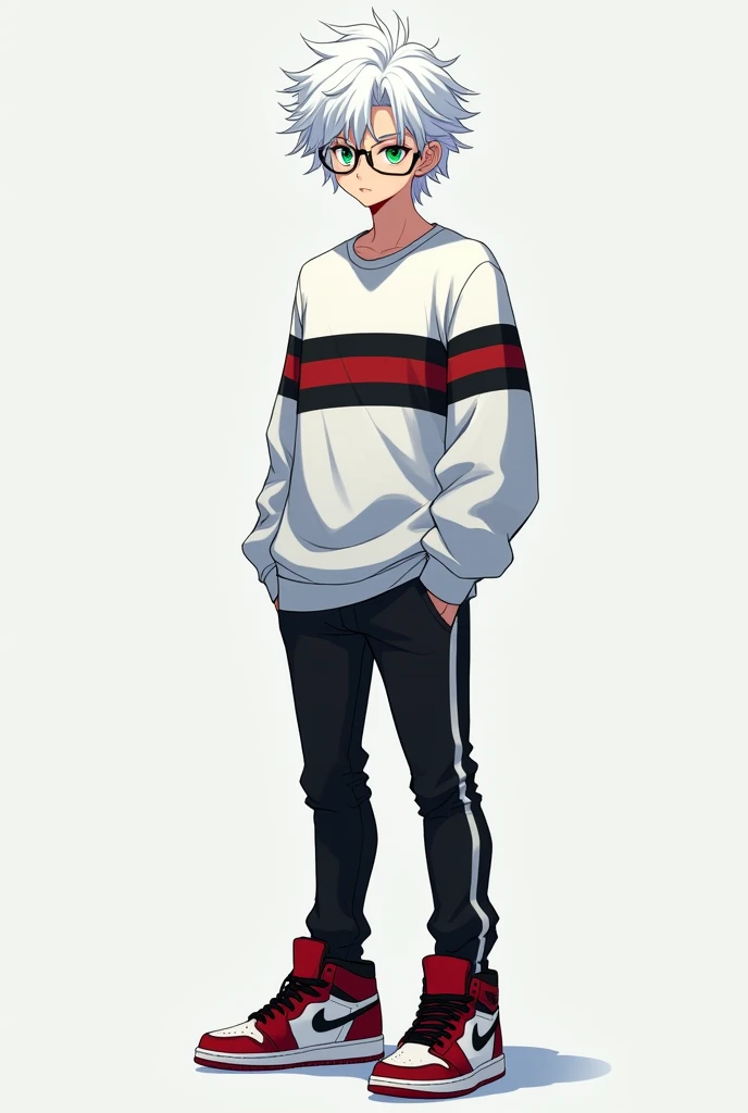 White haired anime boy, of approximately 19 years old , with one left eye green and the right eye blue and with black glasses, with skinny black pants ,  some Jordan shoes red with black and long sleeves wide white with horizontal stripes in black