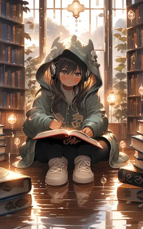 Mysterious library on a rainy day
Prompt:
"A cozy yet surreal indoor scene in Daisuke Richard’s style, featuring a girl sitting cross-legged on a giant book in the middle of a whimsical library. Rain is falling softly outside the large, round windows, cast...