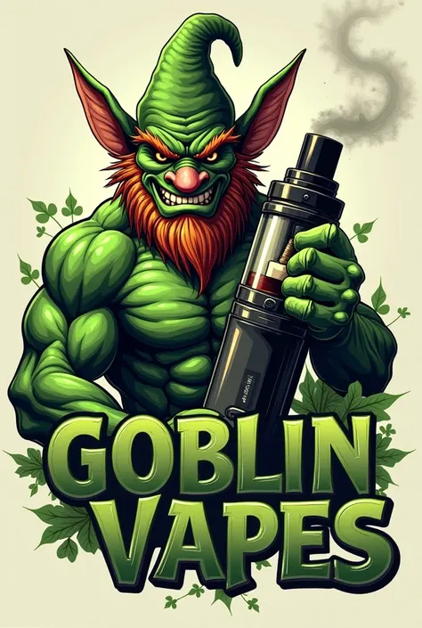 Logo of a vape with a green and muscular leprechaun as a reference and with a brand name: Goblin Vapes , realistic