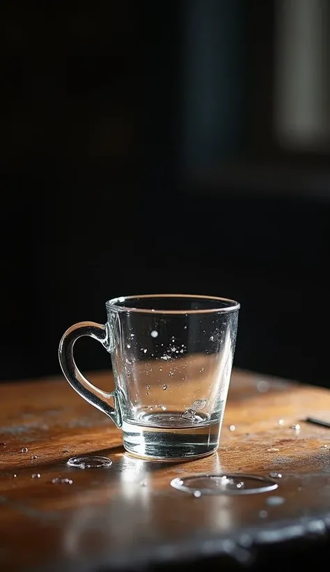 " A clear glass cup on a rustic table ,  empty and illuminated by a soft light that highlights its absence of content. around,  scattered drops of water symbolize what should be there .  The background is dark and blurry , creating a contrast that emphasiz...