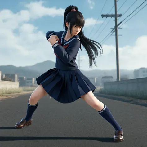 (female japanese high school student, fighting training, detailed face, detailed eyes, detailed lips, detailed hair, school uniform, dynamic pose, action, intense expression, cinematic lighting, dramatic shadows, vibrant colors, digital painting, highly de...