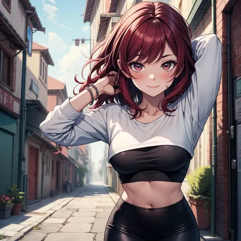 ((masterpiece, best quality:1.3, high detail)), beautiful woman stretching her arms, smile, looking at viewer, long wavy hair, (maroon hair), full-face blush, (white sweatshirt crop top), (long black pencil skirt), midriff, navel, bracelets, collarbone, ou...