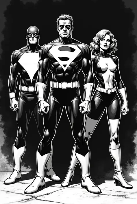 Group of super heroes from the 1960s, In black and white,  with comic book traits 