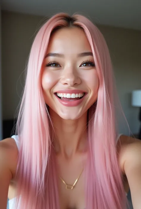 Wide angle selfie style. Laughing woman. 30 year old woman - Face: Pale complexion with real voluptuous lips. Upturned Nose - Long, very long, pink and straight, straight hair. HD 4K, ultra definition, realistic 99.9% realistic human.