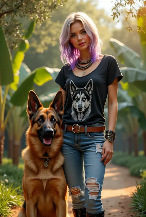  A blonde woman with medium hair and a lock of purple hair {x} A blonde woman with medium hair. 
Les yeux bleux vifs et lumineux. 
Elle regarde le spectateur. 
Vêtue dun jean troué à la mode et dun t-shirt noir décolleté en V avec un motif blanc dessus.  B...