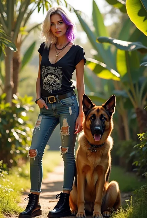  A blonde woman with medium hair and a lock of purple hair {x} A blonde woman with medium hair. 
Les yeux bleux vifs et lumineux. 
Elle regarde le spectateur. 
Vêtue dun jean troué à la mode et dun t-shirt noir décolleté en V avec un motif blanc dessus.  B...