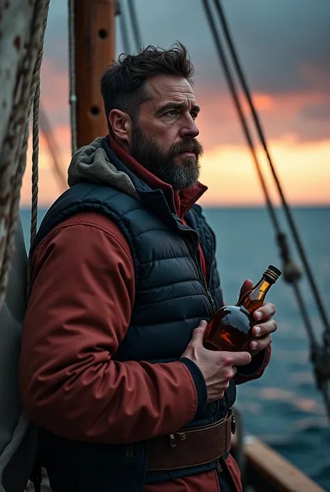  35-year-old strong man holding the mast of a ships sail,   looking at the horizon  ,  with a bottle of rum in his left hand , sea with low waves ,  dark sky with reddish tones .
puffers , masterpiece , breast bondage ,natural, hyperrealistic,8K, photoreal...