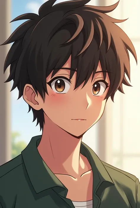 young man (24 years old),  medium short hair ( with some ripples and dark brown color ), light brown eyes, thin finish  ( but you can tell that you exercise since you are not in bad shape) ( anime style)  