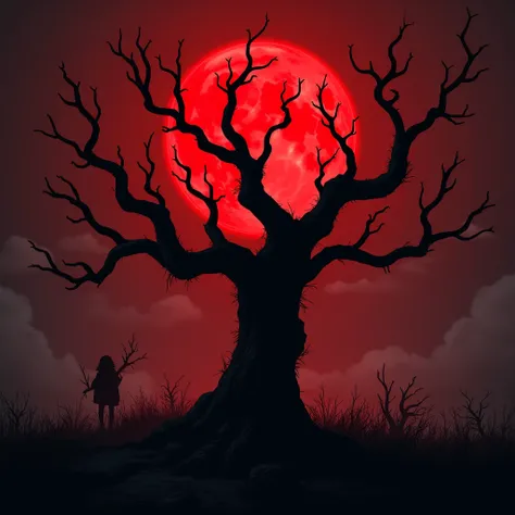 Red moon, horror style, black tree
branches, simple background, digital
art -ar 9:16-stylize 300