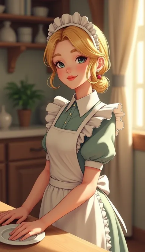 cute housemaid serving。 blonde alone