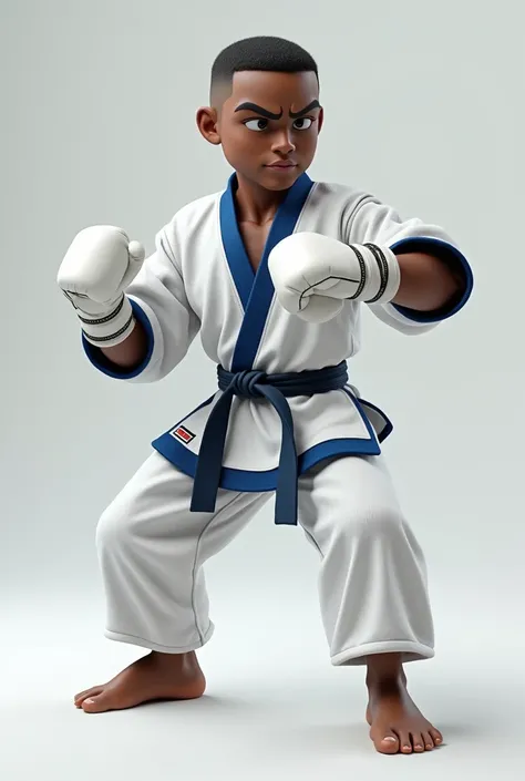 Create an ultra realistic image of a white man ,Strong short haired black man wearing a white karate outfit with blue on the collar and white gloves