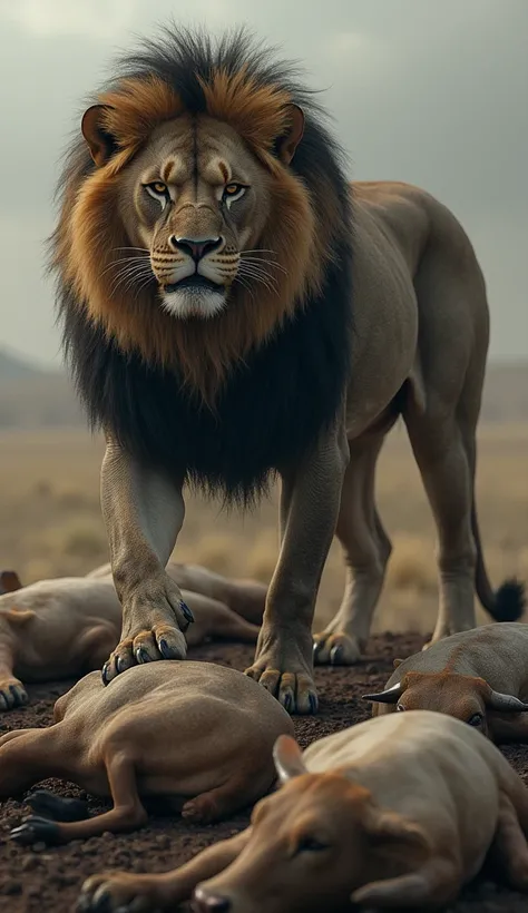 Generate a image of lion and 10 ox was lying on the ground and no one stand and lion was stand in the middle and All are dead and lion Keep hand one of them and lion was angry on them