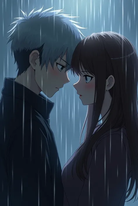  Brunette tea girl ,  long straight hair saying  "please"  in the rain to a boy with white tea,  gray black hair ,  both in the rain and sad , Theyre breaking  