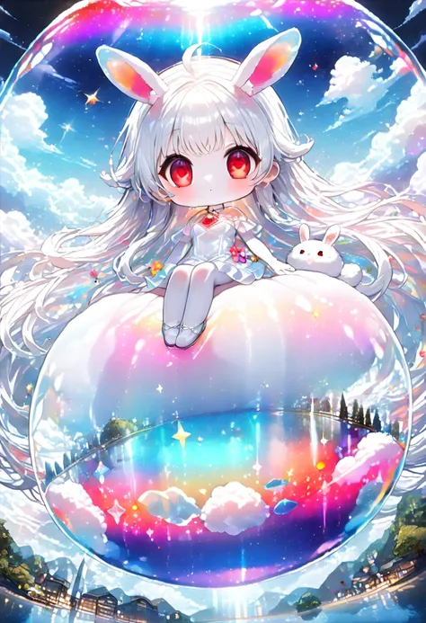 solo,1girl((chibi:1.3),cute,kawaii,(white hair:1.7),(very long hair:1.7),bangs,(ear(fluffy white bunny-ear):1.4),(red eye),big eye,beautiful shiny eye,(white skin),big hairbow,(white dress), (sit on (bubble:1.3)(huge,gigantic,beautiful,shining in vivid cos...