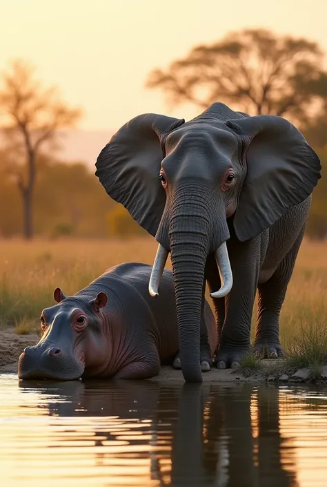 Hippo and Elephant, standing together at the edge of a watering hole during golden hour, the hippopotamus is partially submerged in the shallow water, its massive, rounded body visible just above the surface, with its wide mouth open, showing large teeth, ...