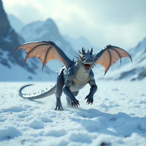 make me a dragon character with legs running towards the front, snow background, full body shot, realistic HD