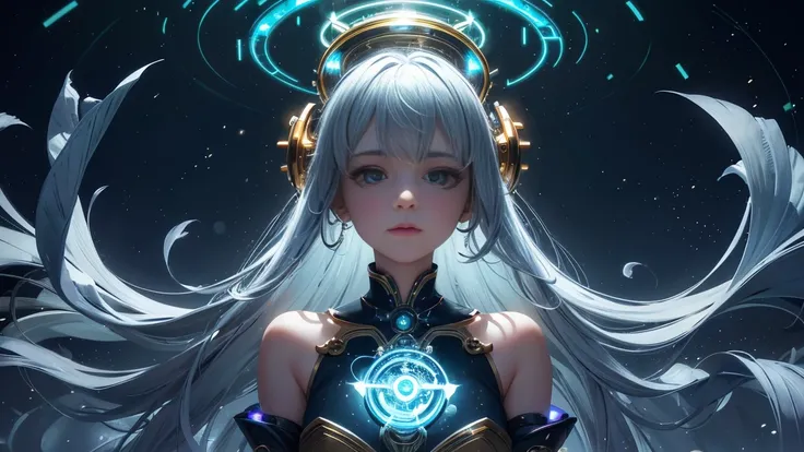 A breathtaking close-up of a beautiful girl surrounded by glowing, magical clockwork gears floating in the air. Her face is serene, framed by softly glowing hair that swirls with the magical energy around her. The background features an intricately detaile...