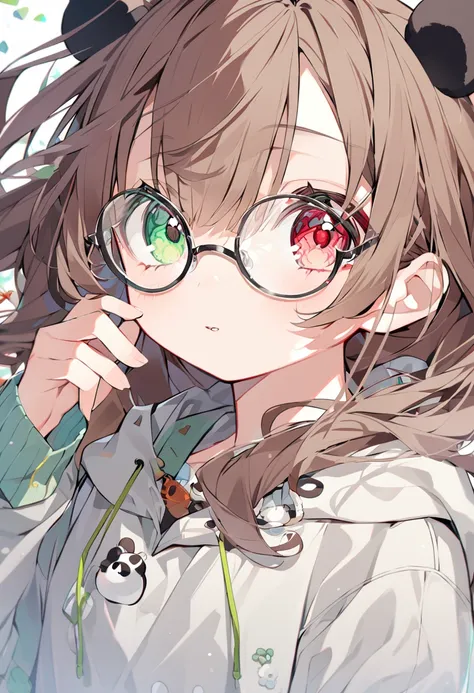 Girl,solo,Brown Hair,Heterochromia Red Eyes GREEN Eyes,Glasses,hoodie,cute,PANDA ear,PANDA tai、🐼