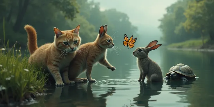  A frightened butterfly being carried by a cat and a rabbit. A worried turtle watching from the ponds edge.