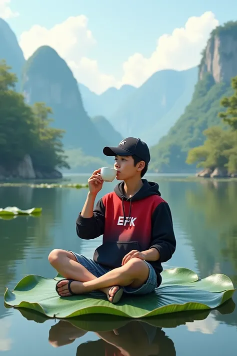 Korean man wearing a baseball cap, red and black gradient hoodie with the words EFK, short jeans, flip-flops, sitting on a lotus leaf in a beautiful lake while enjoying a cup of coffee. The background is a serene landscape with mountains, trees and reflect...