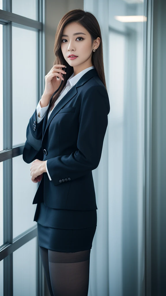 Classy upper-class elite secretary in business shirt, working in an office、(Wearing a chiffon transparent strict business suit:1.4), Wearing pantyhose、Wear high-end high heels、 Girl in a shirt, Wearing a business suit, Wearing a business suit, in a busines...