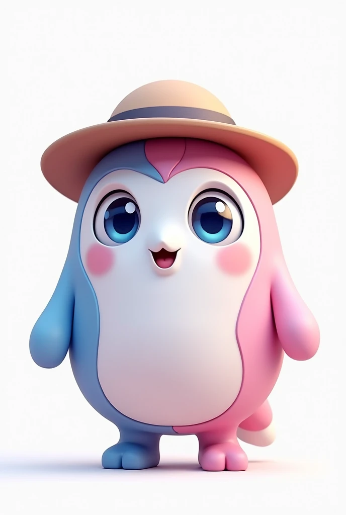 Q shaped mascot with round blue and big eyes ,  he is from an educational institution in the colors pink blue and white wearing a travel hat.  with white background