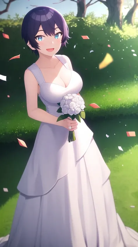 masterpiece, best quality, high quality, girl, solo, looking at viewer, sueharu_maru, large breasts, wedding dress, standing, garden, confetti, holding bouquet, smile, open mouth