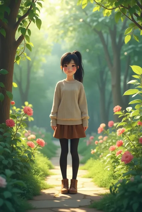 ( High Quality ,  high definition , Very detailed, reality:1.37), Peaceful atmosphere, (Outdoor, garden),  teenage girl standing alone,  Beautiful details,  cute smile with blush, ( dark hair ponytail), Ribbed sweater,Brown skirt, Black tights,  brown boot...