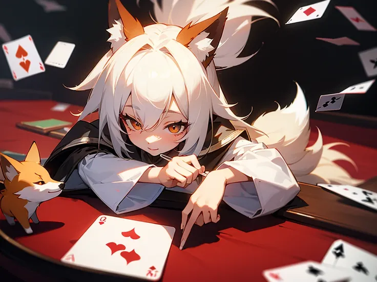 little fox girl playing with cards in a table