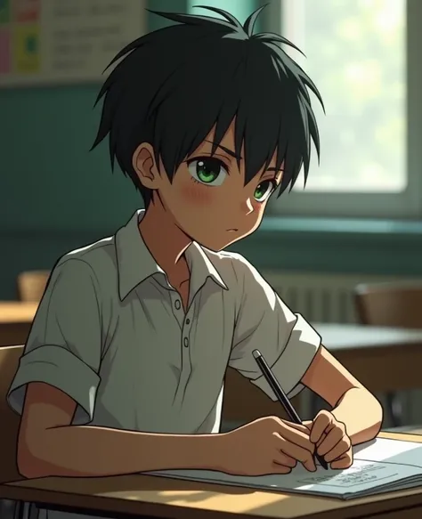 Male sex  old, short black hair, high, small nose, light green eyes,  mirada aguda a la cámara ,  Tired expression ,  school environment sitting on a desk