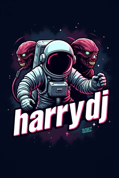 Logo that says HARRYDJ with astronaut and alien killers
