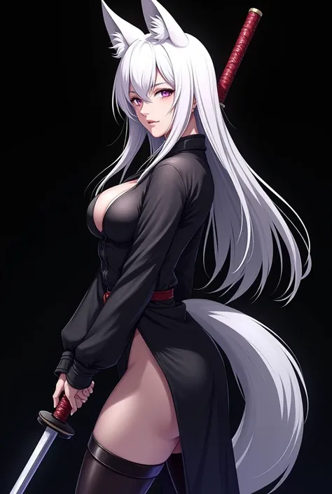 sexy mature anime woman, masterpiece, best quality, big breasts, ((no jewelry)), ((no necklace),, ((no collar)), perfect hair, fox tail, long white hair, street clothes, white fox ears, limited color, thighs, purple eyes, seductive, minimal color ((bright ...