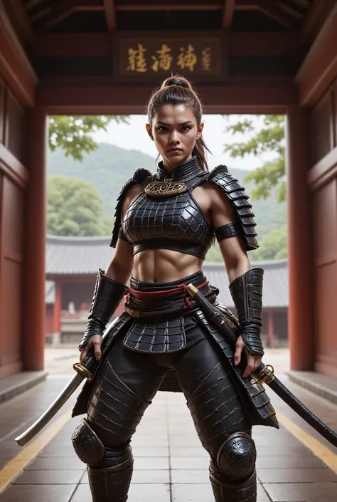  An image of full body and feet ,  a young female samuray warrior ,  wearing small samuray armor ,  samuray boots and two samurai swords, Samuray temple .