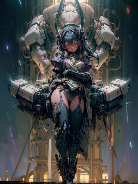 cool mecha core style，mech concept art，Dark gray Decepticon， huge robotech Mecha robot , Mechwarrior , sophisticated glowing fur armor ，giant robot transformation in the future。 There is a giant mechanical machine behind the girl，the machine volume is very...