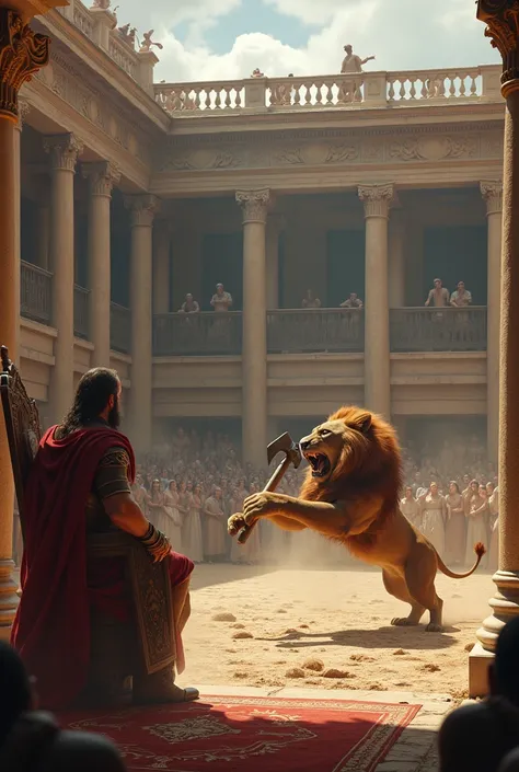 King watching a gladiator with an axe fight a lion at a college 