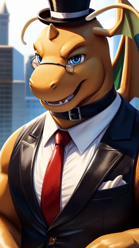 Solo, close up, Male, fat, extremely obese, gentleman, dapper Professor Dragonite, blue eyes, wearing a top hat, wearing a glossy leather collar, wearing the leather collar and necktie at the same time, (posing:1.3), (soft shading), 4k, hi res, ((detailed ...