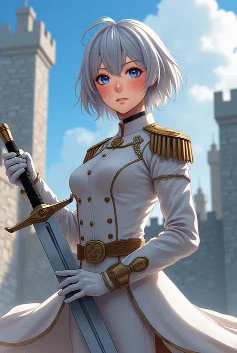  The protagonist has short silver hair ,  with slightly disordered threads ,  giving her a youthful appearance , but determined and firm .  Her eyes are clear and penetrating blue ,  reflecting a calculated calm , but also an unshakable confidence. She wea...