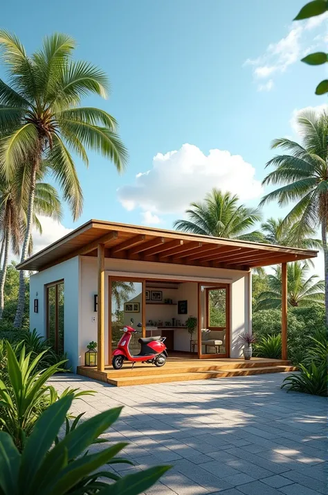 Peux tu générer une sublime photos pour une future entreprise de location de scolaires Raiatea Uturoa au nom de O’HEI RFP LOCATION. 
Ou on pourra voir 1 local préfabriqué de 3X3 m qui servira de bureau d’accueil et 1 container qui servira d’abri pour 4 sco...